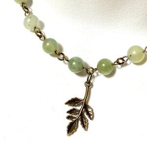 Natural Mint Green Serpentine Necklace, Bronze Leaf Branch + Genuine Gemstone